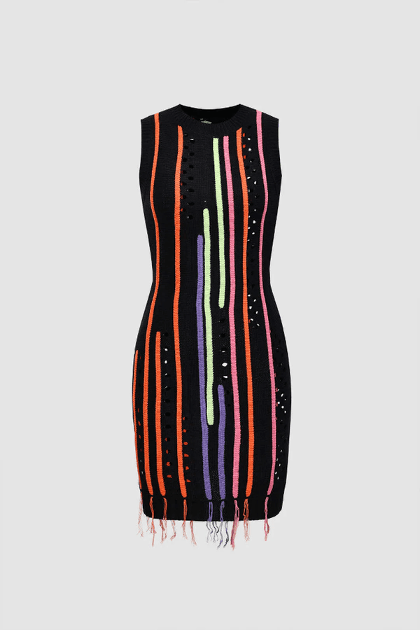 Multicolored Stripe Tassel Sleeveless Knit Dress - LovelyKayley