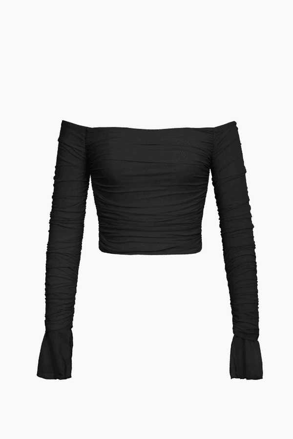 Off Shoulder Flounce Sleeve Ruched Mesh Crop Top - LovelyKayley