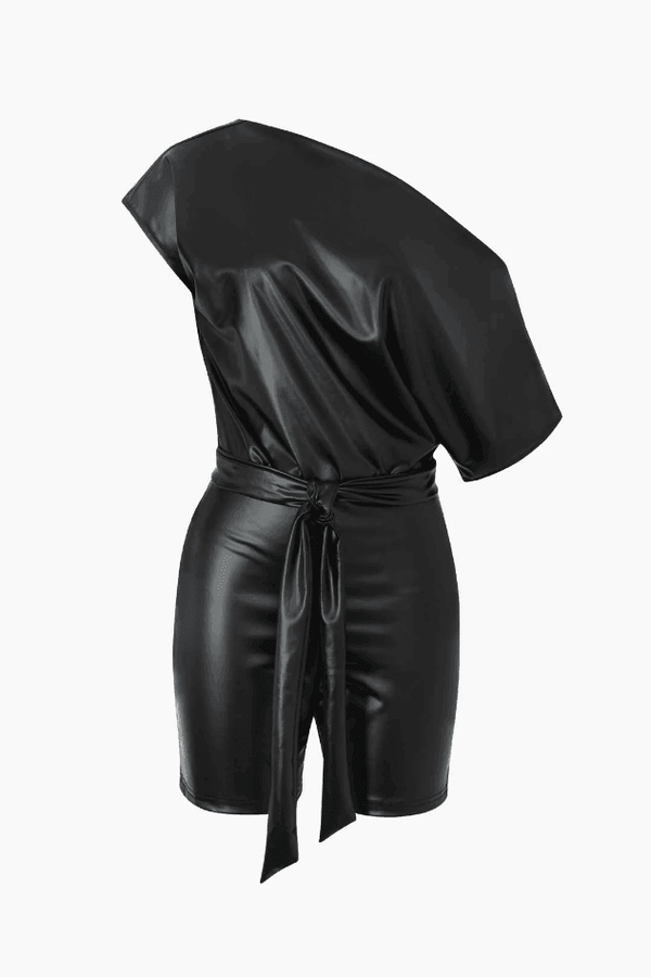 One Shoulder Faux Leather Tie Detail Romper - LovelyKayley