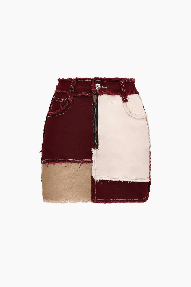 Patchwork Frayed Mini Skirt - LovelyKayley