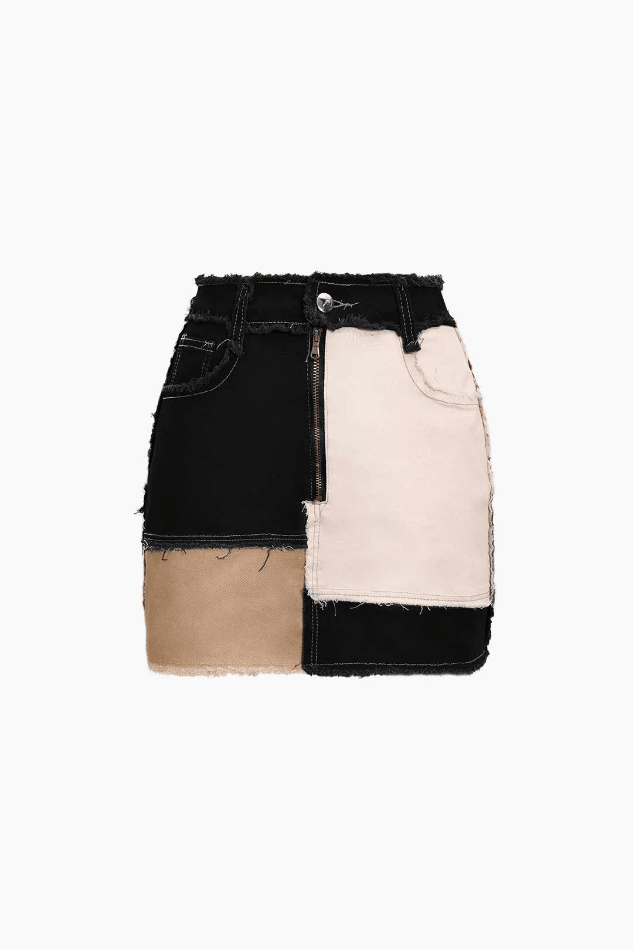 Patchwork Frayed Mini Skirt - LovelyKayley