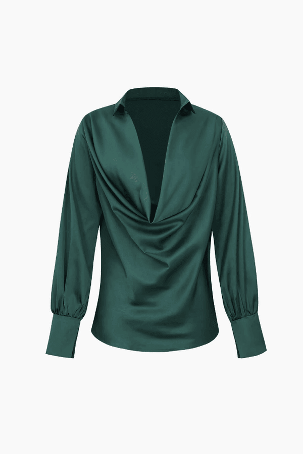 Plunge Neckline Flounce Satin Blouse - LovelyKayley