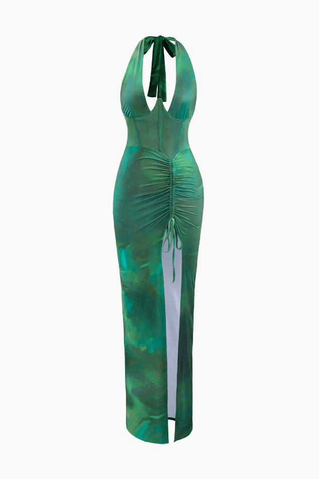 Printed Halter Corset Drawstring Slit Midi Dress - LovelyKayley