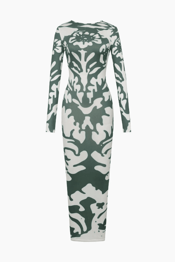 Printed Open-back Long Sleeve Maxi Dress - LovelyKayley