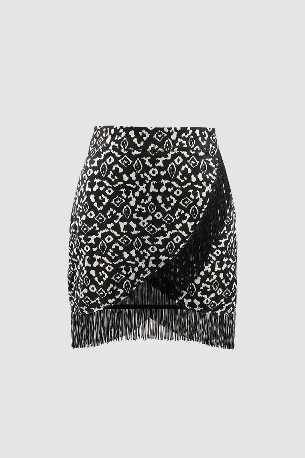 Printed Tassel Trim Fringe Hem Wrap Mini Skirt - LovelyKayley