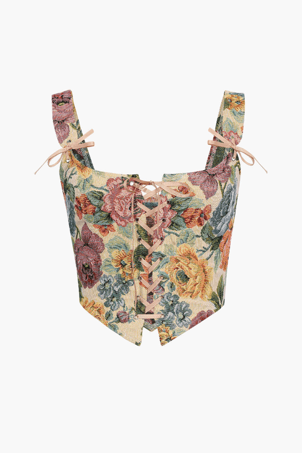 Retro Floral Tie On Front Corset Top - LovelyKayley