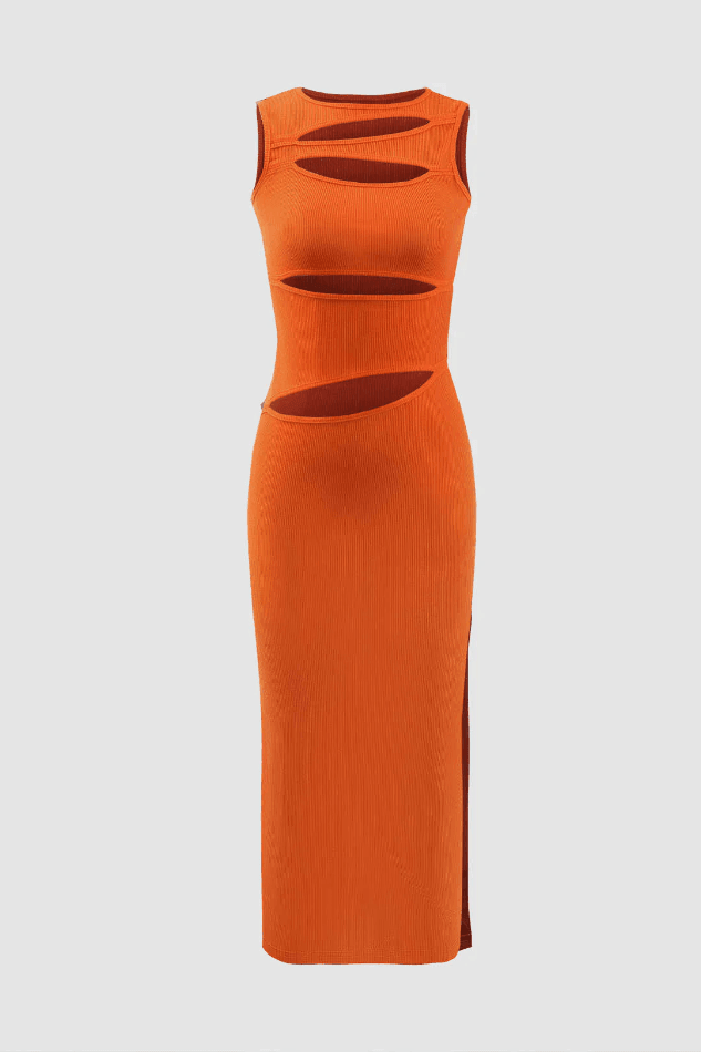 Ribbed Cut Out Side Slit Sleeveless Maxi Dress - LovelyKayley