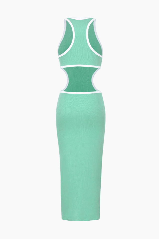 Round Neck Ribbed Knit Cutout Sleeveless Midi Dress - LovelyKayley