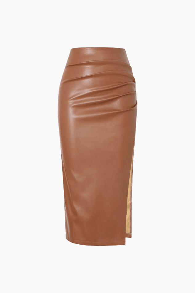 Ruched Faux Leather Slit Midi Skirt - LovelyKayley