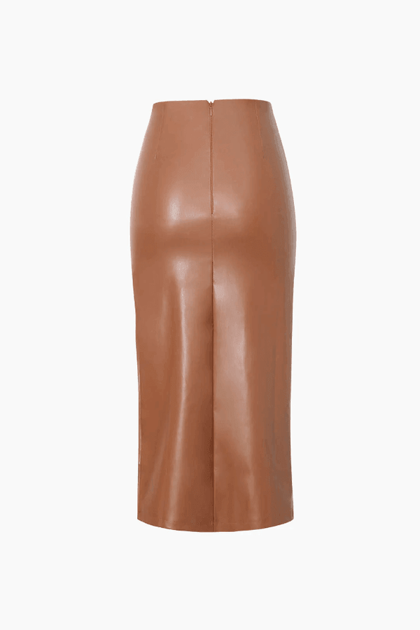 Ruched Faux Leather Slit Midi Skirt - LovelyKayley