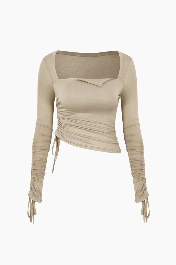 Ruched Square Neck Drawstring Slim Long Sleeve Top - LovelyKayley