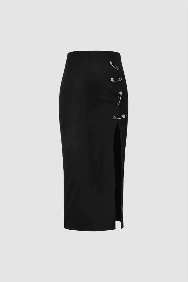 Safety Pins Decor Front Slit Midi Skirt - LovelyKayley