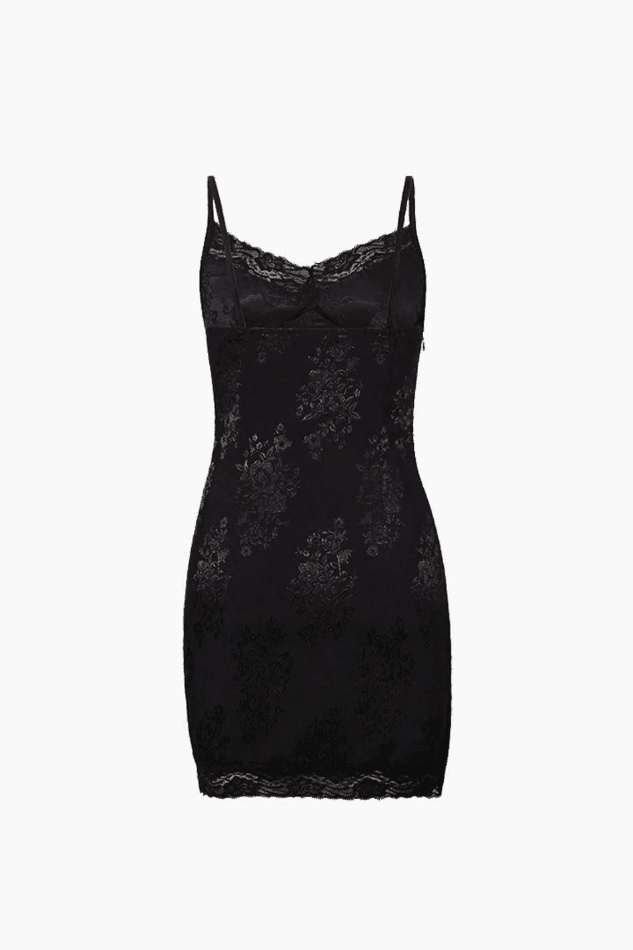 Semi-Sheer Jacquard Satin Lace Split Mini Dress - LovelyKayley