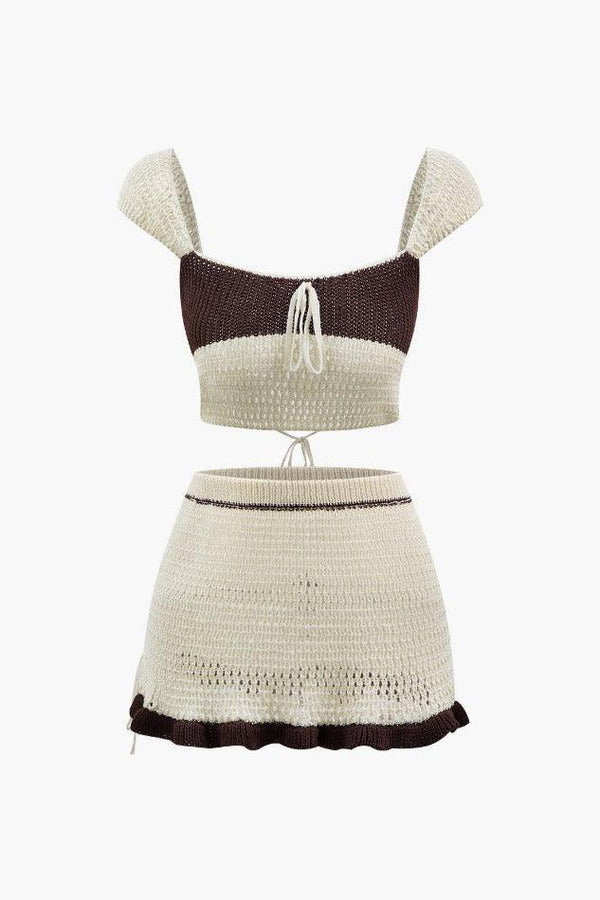 Square Neck Tie Back Knit Crop Top And Mini Skirt Set - LovelyKayley