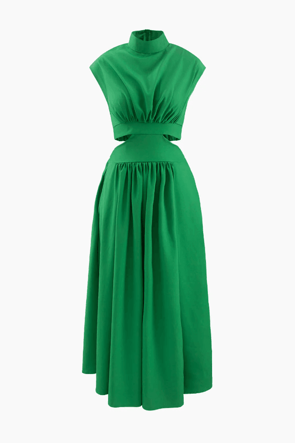 Stand Collar Cap Sleeve Cut Out Midi Dress - LovelyKayley