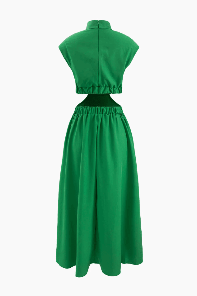 Stand Collar Cap Sleeve Cut Out Midi Dress - LovelyKayley