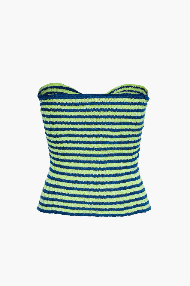 Vintage Striped Strapless Twist Front Cut Out Crop Knit Top - Blue