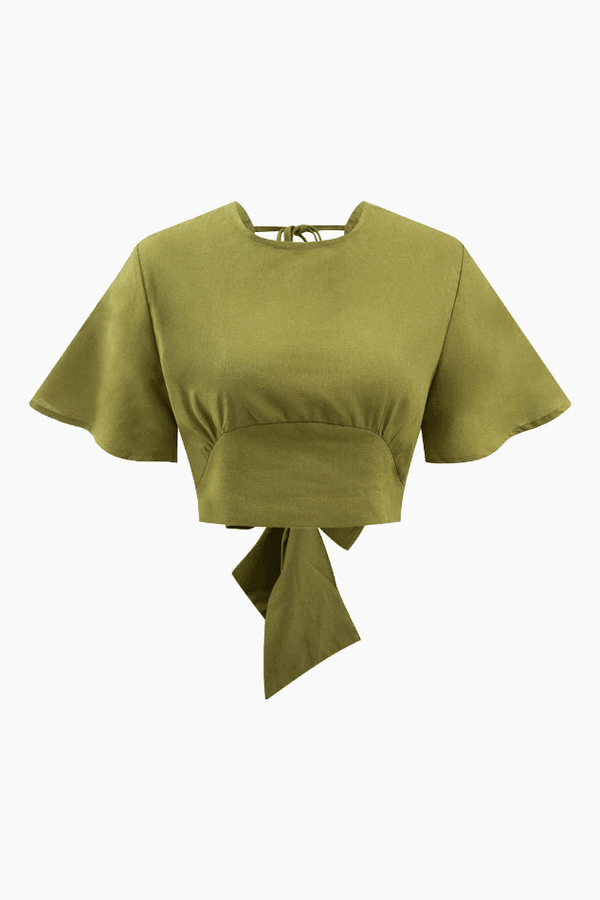 2024 Tie Back Linen Flounce Sleeve Crop Blouse Green S in Blouses