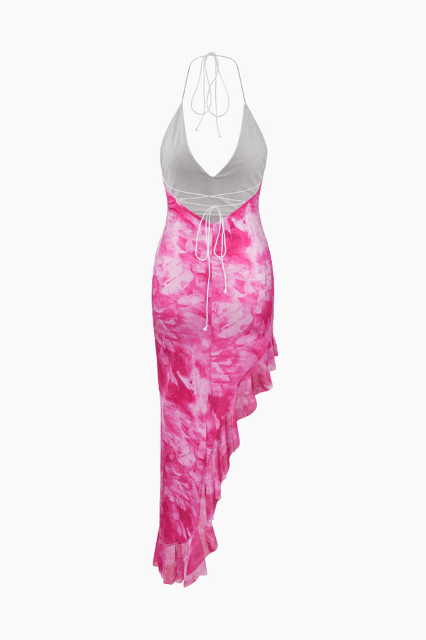 Tie Dye Halter Backless Asymmetric Midi Dress - LovelyKayley