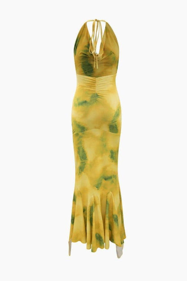 Tie Dye Halter Neck Ruffle Maxi Dress - LovelyKayley