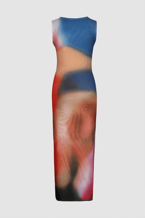 Tie Dye Side Split Sleeveless Ribbed Midi Dress - LovelyKayley