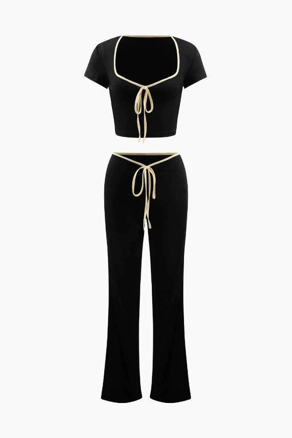 Tie Front Cinched Contrast Binding T-Shirt And Bootcut Pants Set - LovelyKayley