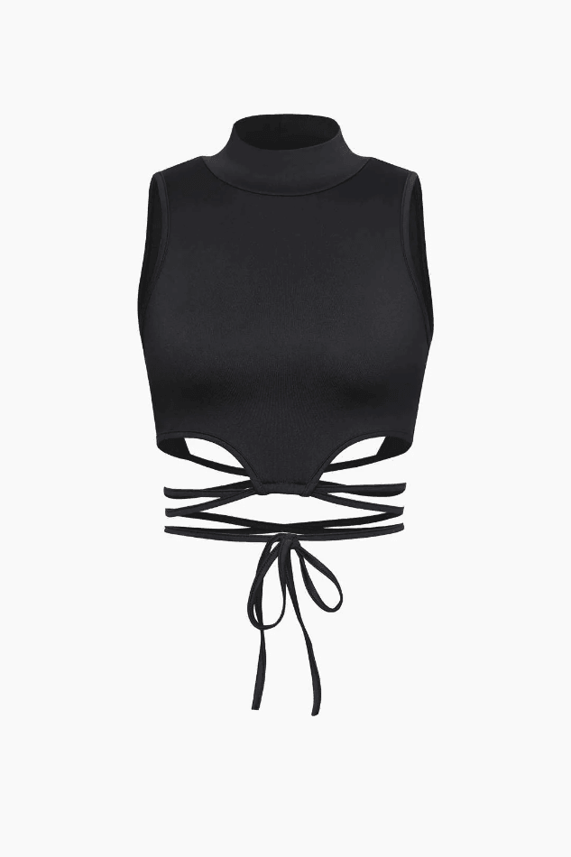 Tie Waist Stand Collar Crop Tank Top - LovelyKayley