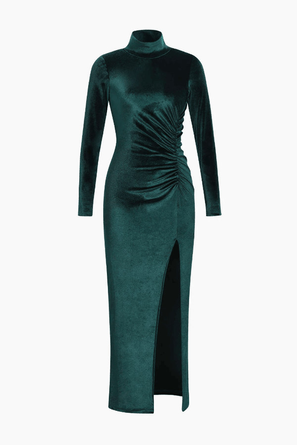 Turtleneck Ruched Slit Velvet Maxi Dress - LovelyKayley