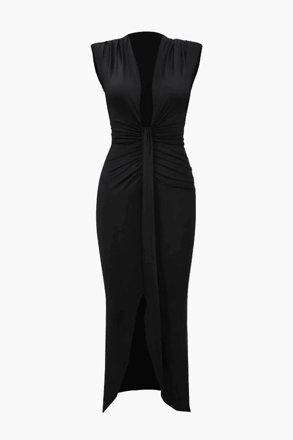 Twisted Drape V-Neck Sleeveless Midi Dress - LovelyKayley