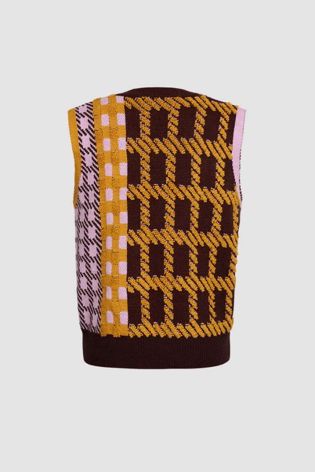 V Neck Color Block Plaid Knitted Vest - LovelyKayley