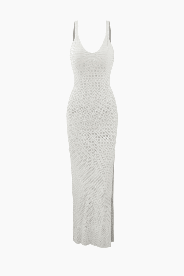 V-neck Openwork Knit Slit Cover Up Dress - LovelyKayley