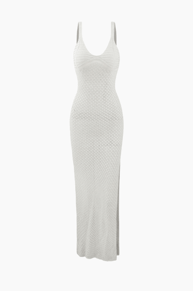 V-neck Openwork Knit Slit Cover Up Dress - LovelyKayley