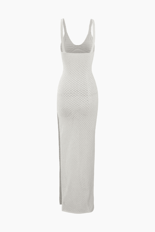 V-neck Openwork Knit Slit Cover Up Dress - LovelyKayley