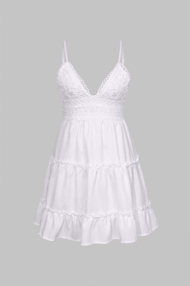 2023 V-Neck Ruffle Hem Backless Lace Mini Dress White S in Mini Dresses ...