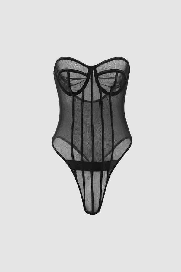 Velvet Patchwork Sheer Mesh Strapless Corset Bodysuit - LovelyKayley