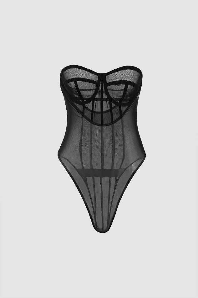 Velvet Patchwork Sheer Mesh Strapless Corset Bodysuit - LovelyKayley