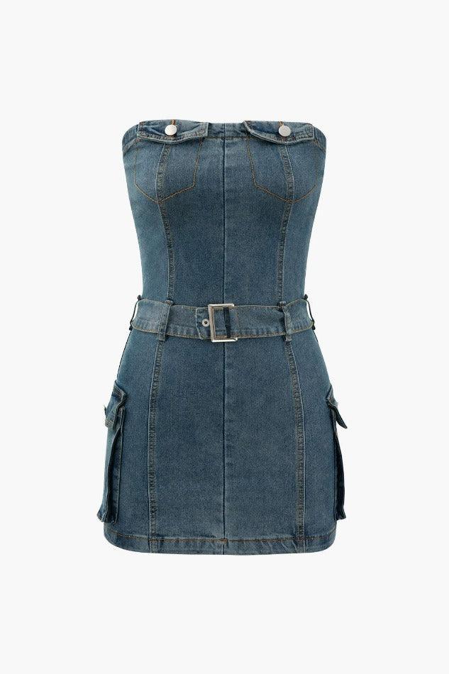 Washed Buckled Strapless Denim Dress - LovelyKayley