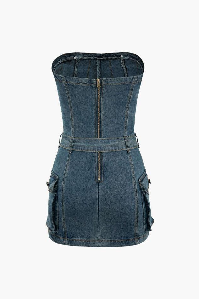 Washed Buckled Strapless Denim Dress - LovelyKayley