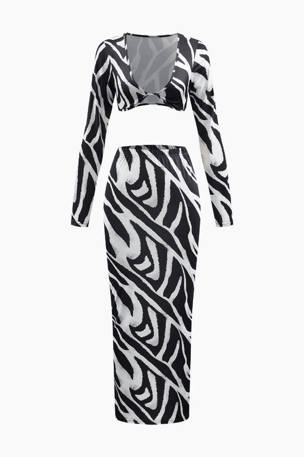 Zebra Striped Knot Front Crop Top And Maxi Skirt Set - LovelyKayley