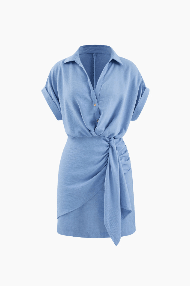 Zippered Wrap Ruched Detail Mini Shirt Dress - LovelyKayley