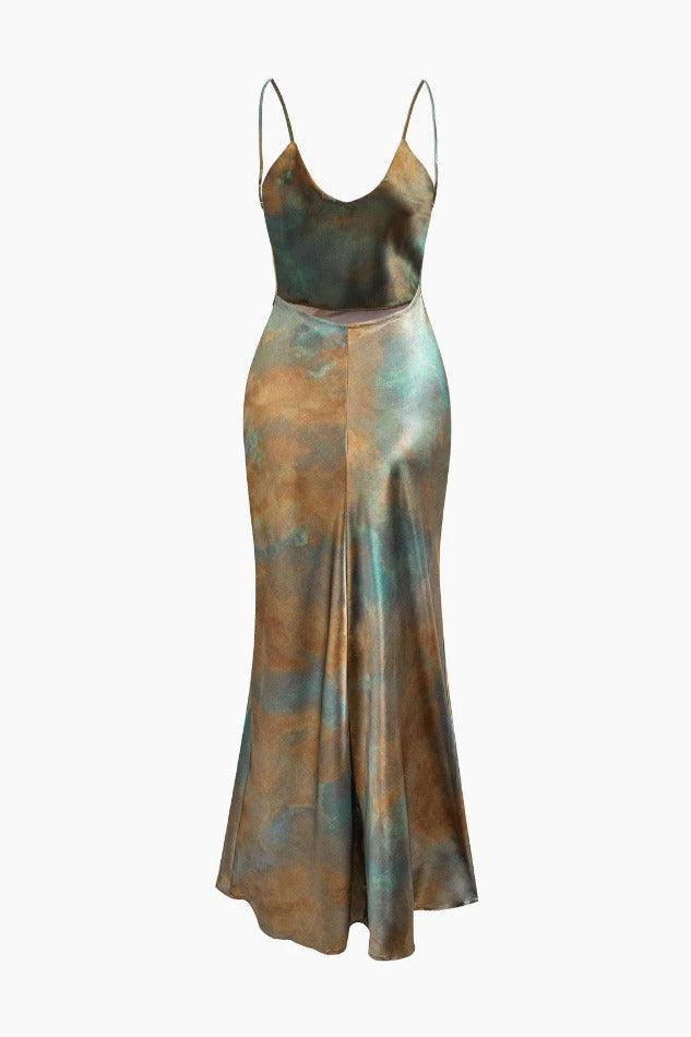 Tie Dye V-neck Satin Maxi Dress - LovelyKayley