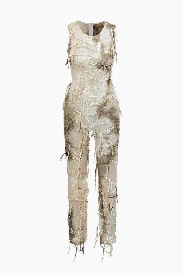 Tie Dye Distressed Mesh Sleeveless Jumpsuit - LovelyKayley