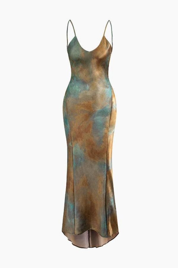 Tie Dye V-neck Satin Maxi Dress - LovelyKayley