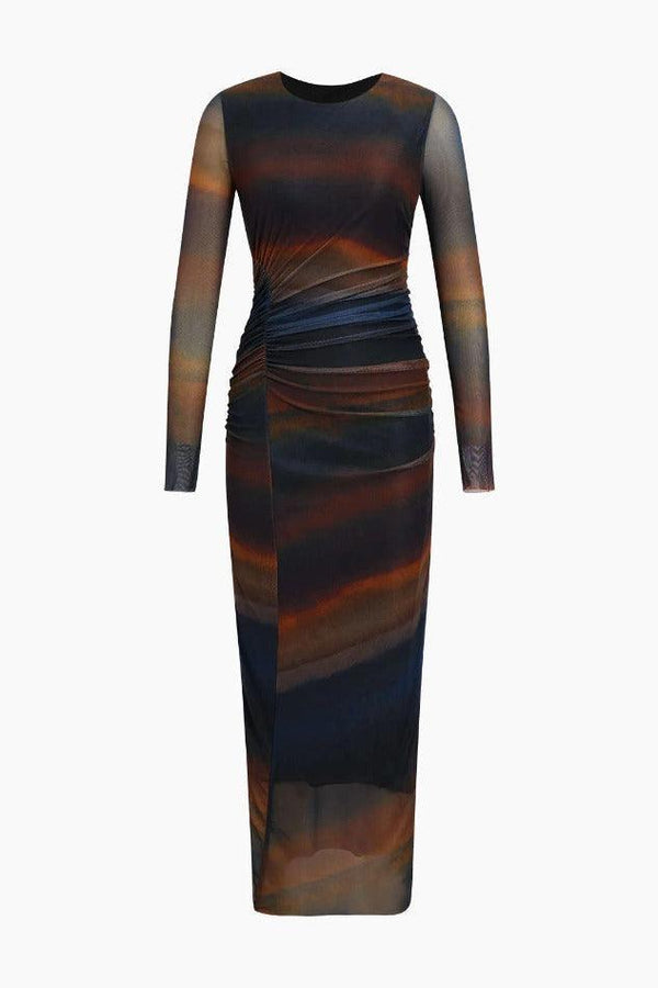 Tie Dye Ruched Detail Mesh Midi Dress - LovelyKayley