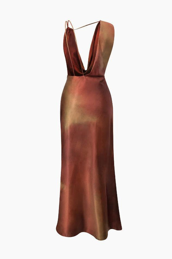 Tie Dye Asymmetric Cowl Neck Satin Maxi Dress - LovelyKayley