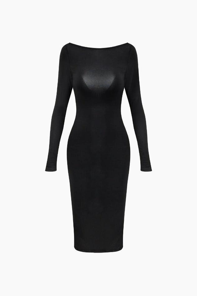 Solid Backless Slit Long Sleeve Midi Dress - LovelyKayley