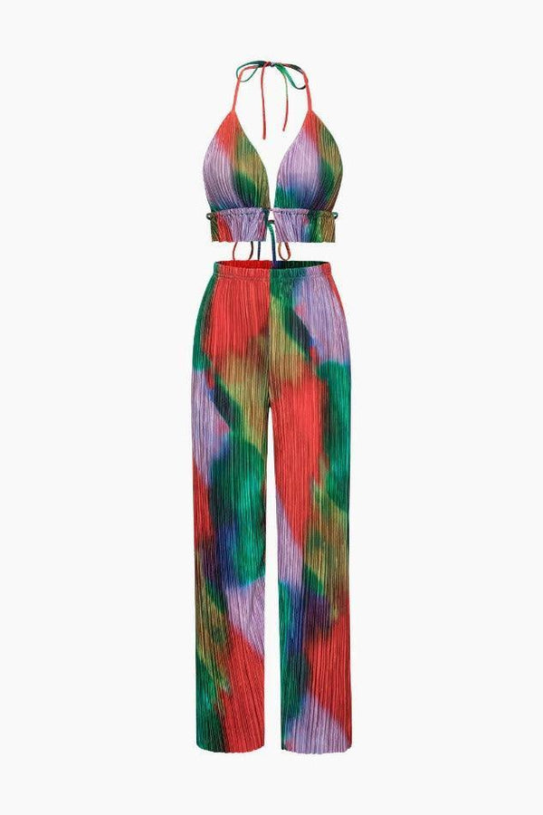 Tie Dye Plisse Halter Top And Pants Set - LovelyKayley