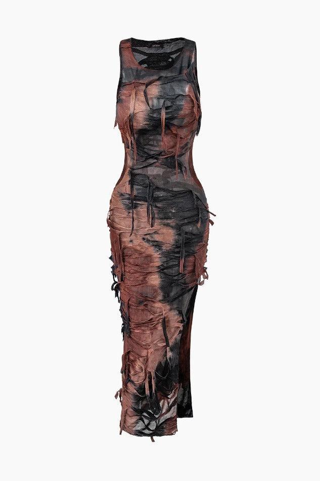 Tie Dye Distressed Sleeveless Cut Out Slit Maxi Dress - LovelyKayley