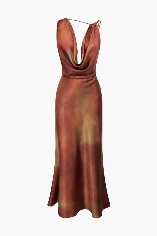 Tie Dye Asymmetric Cowl Neck Satin Maxi Dress - LovelyKayley